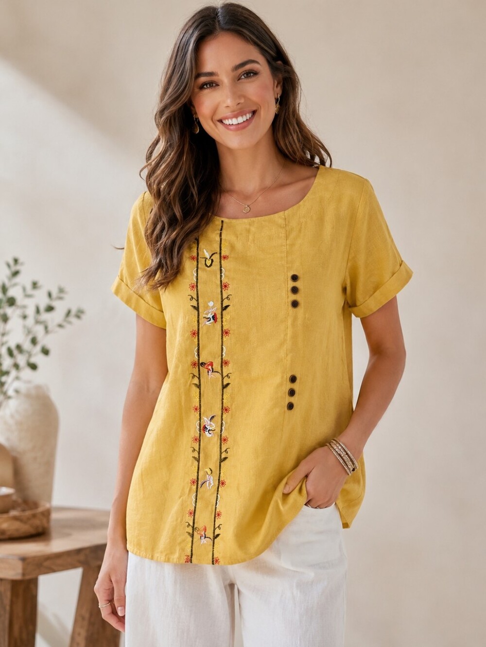 Women's Mustard Yellow Embroidered Floral Bird Linen Blend Tunic Top Size Large